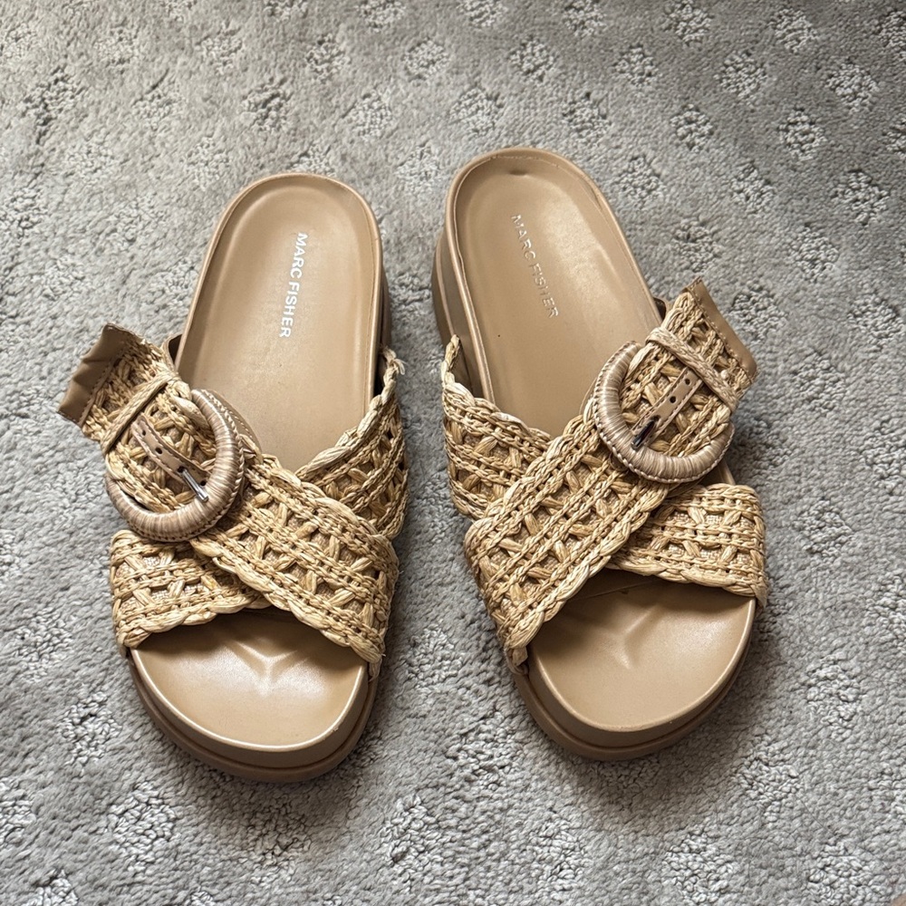 Marc Fisher Tan Woven Buckle Slide Sandals